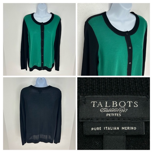Talbots Colorblock 100% Merino Wool Sweater Petite Large Black Green Career - Picture 1 of 10
